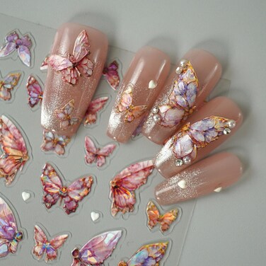 5D Embossed Butterfly Nail Art Stickers Aurora Pink Butterflies Nail Stickers Self-Adhesive Spring Nail Decals Heart Nail Stickers for Acrylic Nails Summer Nail Supplies for Women Girls Manicure DIY