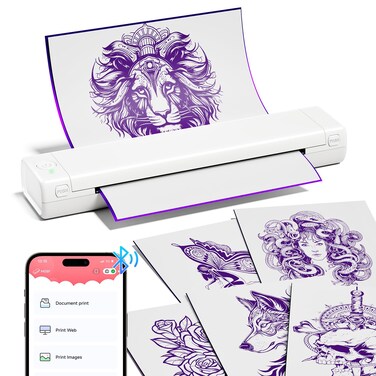 COLORWING M08F Portable Wireless Tattoo Stencil Printer, Thermal Inkless Bluetooth Tattoo Stencil Machine with 10pcs Tattoo Transfer Paper, Ideal for Tattoo Artists &amp; Beginners - White