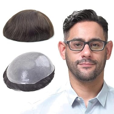 Lordhair Hair System for Men with 100% Human Hair 0.08mm Natural Skin Hair Pieces Base Size 8x10 inch Mens Toupee V-looped Hair System Dark Brown 2#+50% Grey Hair
