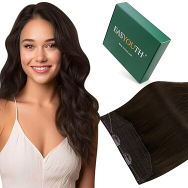 Easyouth Brown Wire Extensions Straight Human Hair Wire Extensions Darkest Brown Hair Extension with Wire Brown Wire Hair Extensions Real Human Hair with Transparent Headband 18Inch 80G