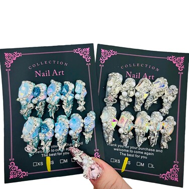 2Packs (20Pcs) Press on Nails Random 30mm Long Handmade Nails Manicure Charms Nails Art Nail Kit Press on Nails for Women Party Holiday Photo Wedding Size S