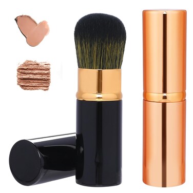 Retractable Blusher Brush with Cover, 2 Pack Travel Kabuki Bronzer Makeup Brush Liquid Cream Foundation Powder Brush Extensible Face Blender Brush Professional Concealer Brush for Women (Gold &amp; Black)