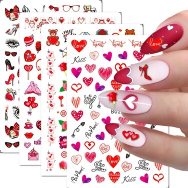 8 Sheets Valentine's Day Nail Art Stickers Red Heart Nail Decals 3D Self-Adhesive Nail Stickers Red Rose Love Lips Nail Supplies Nail Art Design Decoration Accessories for Women
