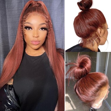 Reddish Brown 360 Lace Front Wigs Human Hair Straight Transparent HD 360 Full Lace Human Hair Wigs Pre Plucked with Baby Hair Auburn Wig Human Hair Ponytail Wig Colored for Black Women 20 inch