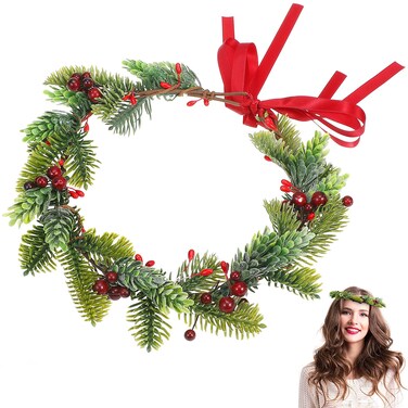 minkissy Christmas Artificial Flower Crown - Xmas Garland With Berries And Pinecones Christmas Wreath Headpiece Garland With Holly Berry Leaves Hairband for Woman Girls