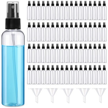 Layhit 100 Pcs Mini Spray Bottles 4 oz Clear Alcohol Spray with 5 Pcs Small Funnels Empty Plastic Small Fine Mist Bottles for Essential Oils Travel Perfumes