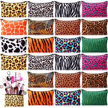 24 Pieces Makeup Bags Bulk Canvas Cosmetic Bags Purse Organizer Zipper Cosmetic Pouch Portable Travel Toiletry Pouch for Women Men Gifts, 7 x 4 Inch (Leopard Print)