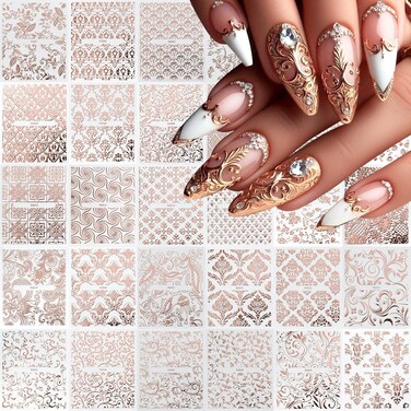 30 Sheets Rose Gold Nail Art Stickers 3D Self-Adhesive Rose Gold Lace Hollow Nail Decals Retro Nail Stickers Adhesive Nail Supplies Nail Art Design for DIY Acrylic Nails Decoration