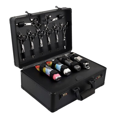 Barber Case Clipper Bag Black, Hair Kit Tool Box Aluminum Organizer with Portable Handle and Secure Numlock for Scissors, Clippers, Barber Supplies 15.8" x 11" x 6.5
