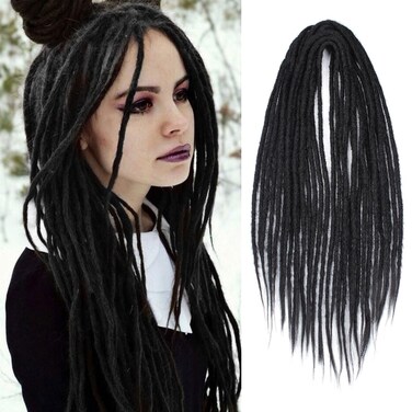 Double Ended Dreadlock Extensions, 15 pcs 24 inch Black Thin 0.6cm Fake Dreads Extensions, DE Synthetic Dreadlock Extensions Reggae Hippie Dreads for Women