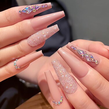 24 Pcs Bling False Nails with Designs Long Length,Wedding Nails Press ons for Bride,Acrylic Nude Coffin Press on Nails with Rhinestones,Gel Fake Nails Ballerina Pink Glue on for Women