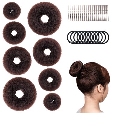 Donut Hair Bun Maker Set, 8 Pieces with 10 Black Rubber Bands and 20 Bun Bobby Pins for Ladies, Brown