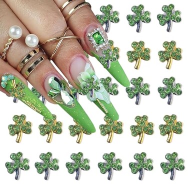 20Pcs Shamrock Nail Charms for Acrylic Nails St.Patrick's Day Nail Art Charms Gold Silver Green Shamrock Nail Jewelry and Gems St.Patrick's Day Nail Rhinestones Decoration Supplies for Women Girls