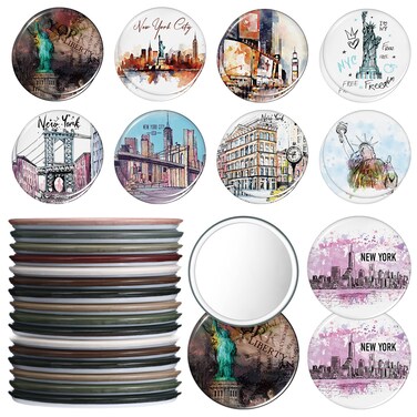 18 Pcs New York Souvenir Travel Makeup Mirror Bulk Mini Round Hand Pocket Compact Mirror New York Travel Gift for Women Cosmetic Birthday Party Favors Trip Journey Gifts, 9 Styles