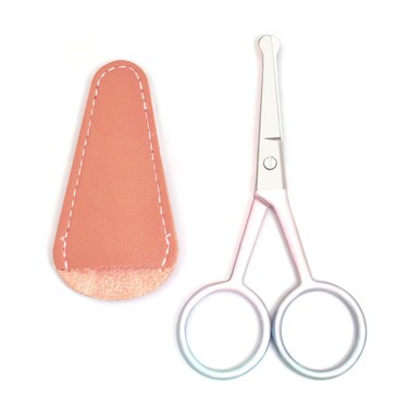 Premium Manicure Rounded Tip Scissors Multi-purpose Stainless Steel Cuticle Pedicure Beauty Grooming Shears for Nail, Eyebrow, Eyelash, Nose Hair (Pink 4 Inch With Artificial Leather Cover)