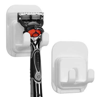 Linkidea 2 Pack Self-Adhesive Razor Holder Hook, Shower Razor Holder Storage for Bathroom, Compatible with Vikings Blade The Chieftain, Merkur Classic MK-23C (White)