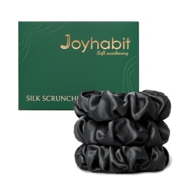 Joyhabit Silk Scrunchies for Women and Girls, Black, 3 Pieces, 4CM Hair-Friendly Cute &amp; Durable Hair Ties for Women, Great for Bedtime and Everyday Style