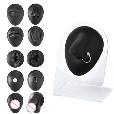 Silicone Piercing Practice Body Parts Displays Set Body Piercing Practice Model Simulation Human Ear Mouth Eye Tongue Navel Displays with Base for Jewelry Display Novice Piercer Hospital (Black)