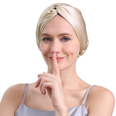 22 Momme 100 Pure Mulberry Silk Hair Bonnet for Sleeping Double Layered Silk Hair Wrap for Women with Elastic Stay On Head, Champange