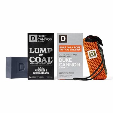 Duke Cannon Supply Co. Duke Cannon Scrubber Bundle Tactical Soap Pouch Holder Lump of Coal Soap Bar Bergamot Black Pepper Scent Grooming Essentials for Men 2 Piece Set
