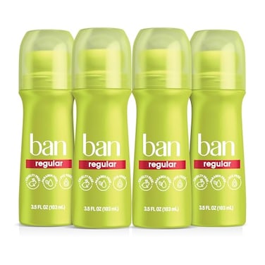Ban Invisible Rollon Antiperspirant Deodorant for Women and Men 24hour Underarm Odor Sweat Protection Regular Scent 35 Oz Pack of 4