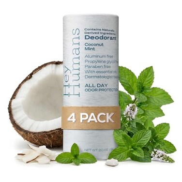 Hey Humans Deodorant Aluminum Free Deodorant for Women and Men Contains Naturally Derived Ingredients All Day Odor Control Refreshing Essential Oils Earth Friendly Package Coconut Mint