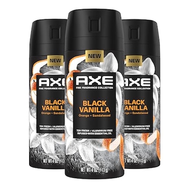 AXE Fine Fragrance Collection Premium Body Spray Black Vanilla with Orange Sandalwood 3 Count with 72H Odor Protection AluminumFree 4 oz