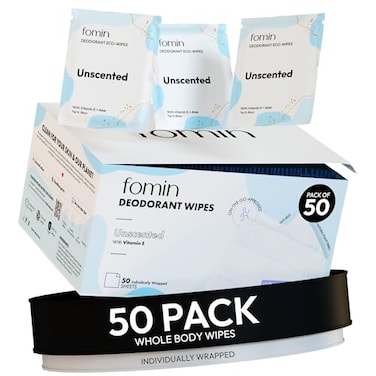 FOMIN Travel Deodorant Wipes 50 Count Unscented pH Balanced Hypoallergenic Mini Deodorant For Women and Men PlasticFree Individually Wrapped Underarm Body Wipes
