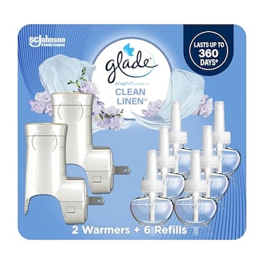 Glade PlugIns Air Freshener Starter Kit Scented and Essential Oils for Home and Bathroom Clean Linen 402 Fl Oz 2 Warmers and 6 Refills