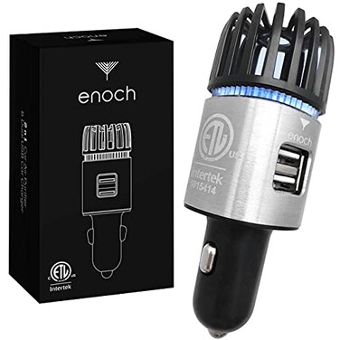 Enoch Car Air Purifier Premium Air Ionizer 12V PlugIn Ionic Ozone Deodorizer Accessory with Dual USB Car Charger Eliminates Cigarette Smoke Pet and Food Odors Dust Gray Silver