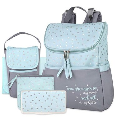 Baby Essentials Diaper Bag Backpack 5 Piece Set with Sun Moon and Stars Wipes Pocket Stroller Straps Dirty Diaper Pouch Changing Pad GreyBlue Backpack