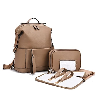 ARDIKAMA Diaper Bag Backpack Leather Backpack for Women Travel Dad Mother Outdoor Backpack with Changing Pad Stroller Straps2 pieces Khaki