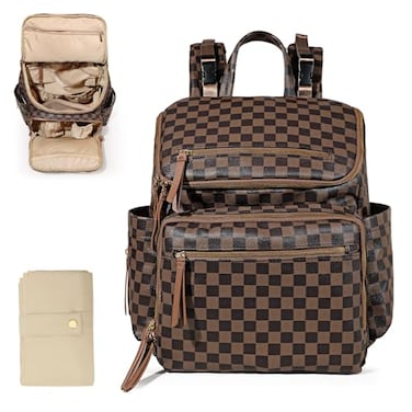 Omanmoli Checkered Diaper Bag Backpack Large Baby Diaper Bag Leather with 17 Diaper Bag Organizing PouchesChanging PadStroller Straps4 Insulated Pockets Coffee