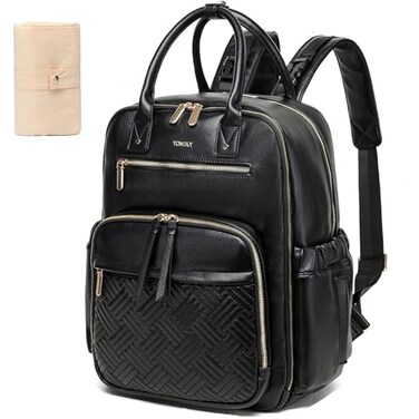 Yomiky Leather Diaper Bag Backpack for Women with Multiple PocketsLaptop Compartment and Changing Pad