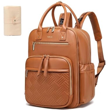Yomiky Leather Diaper Bag Backpack for Women with Multiple PocketsLaptop Compartment and Changing Pad