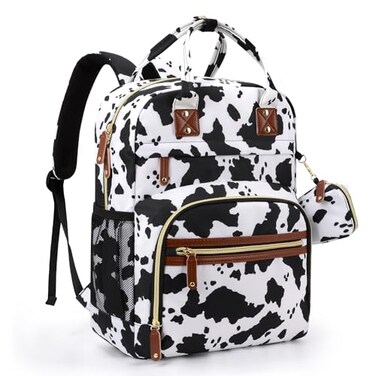 Tuwubi Diaper Bag Backpack Baby Essentials Travel Tote Bag Multi function Waterproof Backpacks Travel Essentials with Stroller Straps Pacifier Case Cow Print