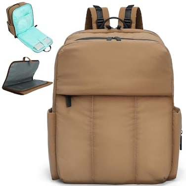 MOMINSIDE Diaper Bag Backpack Large Puffer Diaper Bag Neoprene Diaper Bag Quilted Baby Bag Large Changing Pad 15 Pockets Lightweight Brown