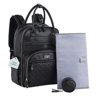 BabbleRoo Leather Diaper Bag Backpack Baby Essentials Travel Baby Bag Multi function with Changing Pad Stroller Straps Pacifier Case Unisex Black