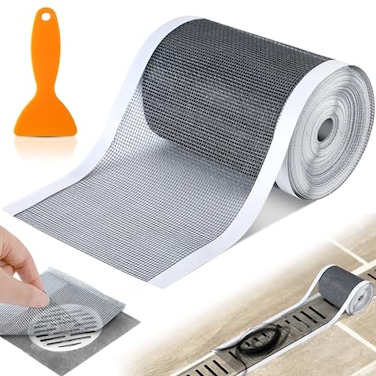 Leriton 1 Pack 4 Inch x 33 ft Linear Shower Drain Hair Catcher Screen Disposable Adhesive Cutable Mesh Shower Drain Cover Stickers for Linear DIY Floor with Removal Tool for Bathroom Kitchen Bathtub