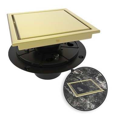WEBANG 6 Inch Square Shower Drain Gold Floor Drain with Flange Reversible 2in1 Cover Tile Insert Grate Removable SUS304 Stainless Steel CUPC Brushed Gold
