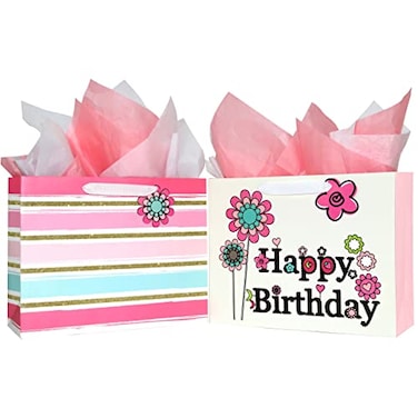 SUNCOLOR 13 Large Gift Bags for Birthday Party with Tissue Paper2 Pack Flower with Happy Birthday