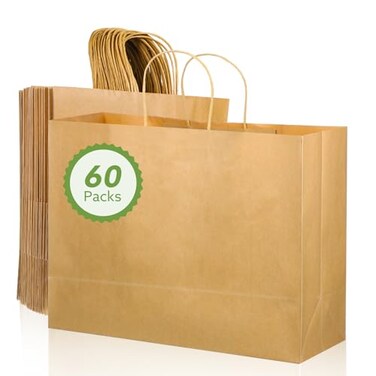 Woric 60 PCS Brown Paper Bags with Handles 16 x 6 x 12 inch Large Gift Bags MultiPurpose Solid Brown Uncoated Paper 60 Count