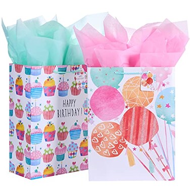 SUNCOLOR 16 Inch Extra Large Gift Bags for Birthday Party with Tissue Paper 2 Pack Cupcake Design 157x126x57 Inches