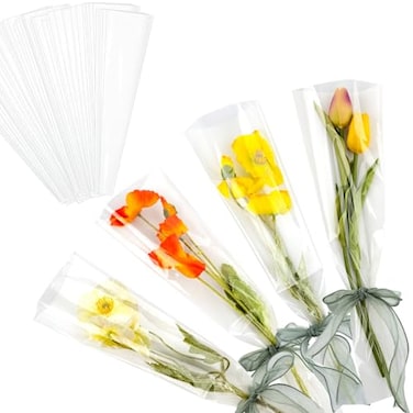 Framendino 100 Pack Single Rose Clear Bags Flower Packaging Bag Floral Bouquet Wrapping Paper for Birthday Gift Valentines Day