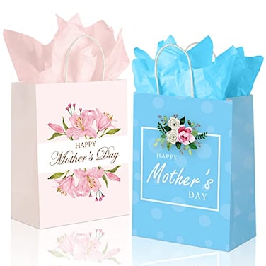 BLEWINDZ 16 Pcs Mothers Day Bags with 16 Pcs Tissue Papers 106Medium Floral Happy Mothers Day Gift Bags Bulk with Handles for Gift Wrapping