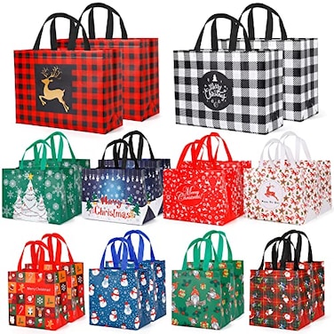 YANGTE 20 Pack Christmas Gift Bags Assorted Sizes Reusable Tote Bags with Handle Includes 4 Large 8 Medium 8 Small NonWoven Christmas Bags for Xmas Party Favors