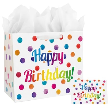 Laidans 13 Large Happy Birthday Gift Bag with Card and Tissue Papers for Kids with Handles Dots