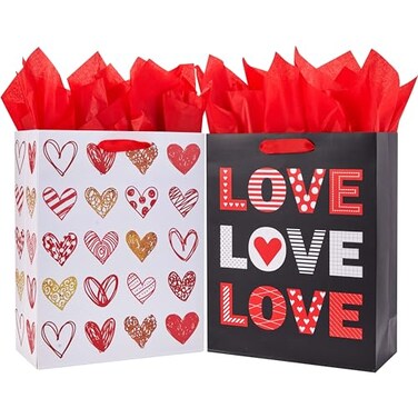 SUNCOLOR Large Valentines Day Gift Bags with Tissue Paper Red and White Love Heart Design 13x102x49 Inches 2 Pack with 6 Tissue Sheets
