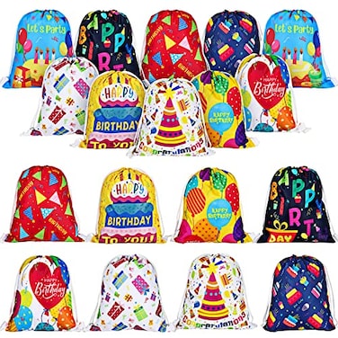 Sweetude 18 Pcs Happy Birthday Gift Bag Birthday Party Drawstring Canvas Backpack 1181 x 984 Inch Reusable Gym Sports Return Gift String Backpack for Men Women Kids 9 Designs