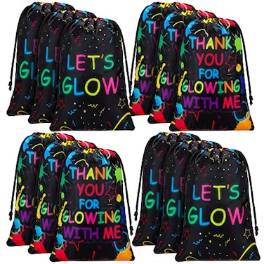 Sadnyy 12 Pieces Lets Glow Drawstring Bags Bulk Glow in The Dark Party Supplies Favor Gift Bag Neon Pouch for Goodie Retro 80s 90s
